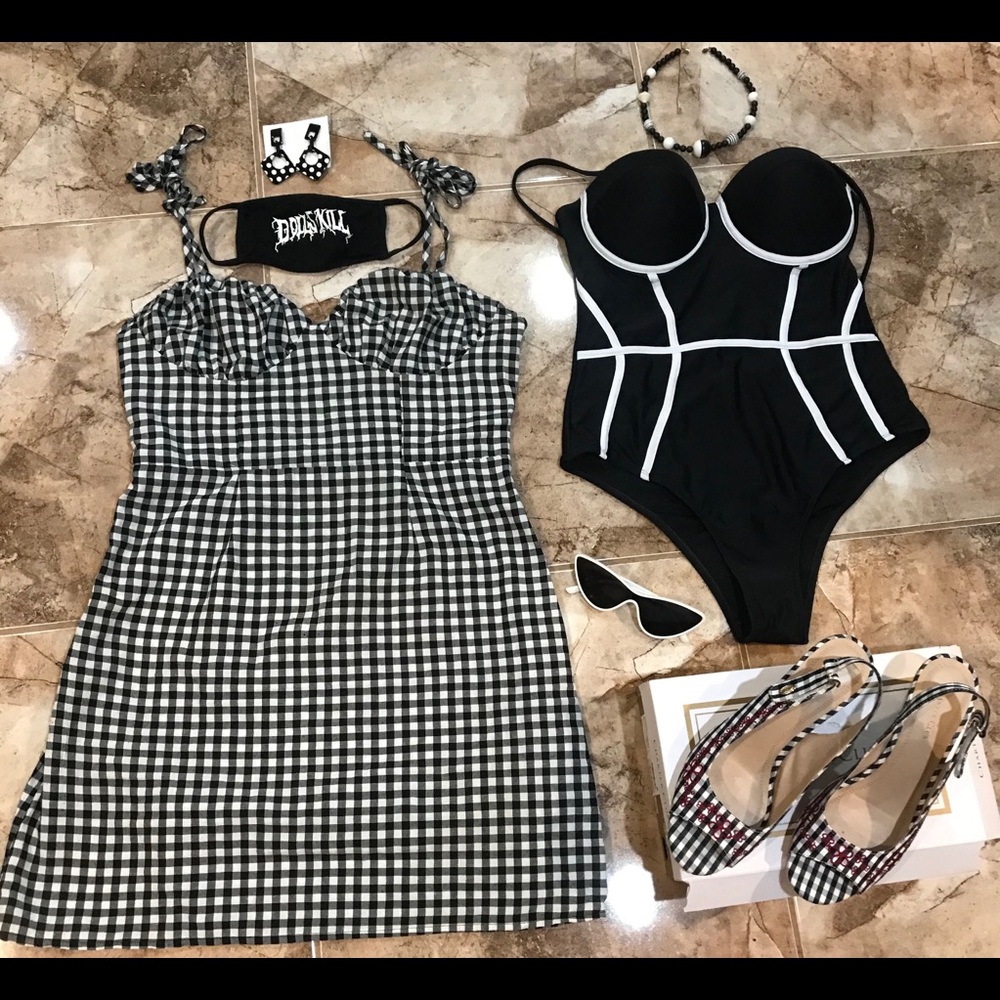 Black & white adorable gingham dress,hidden zipper